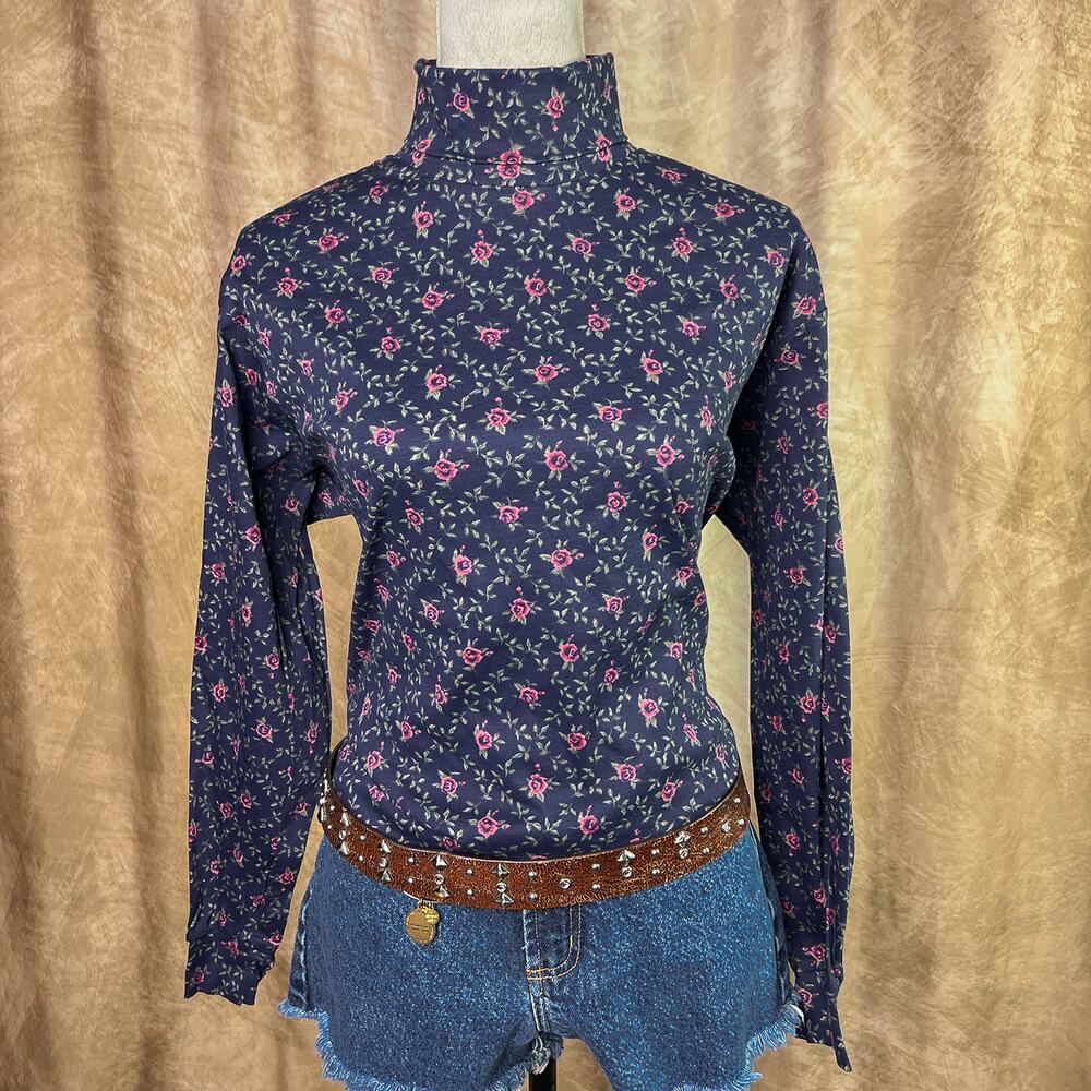 Vintage Floral Mock Neck Top Long Sleeve Navy Rose Flower Cottagecore Grandma